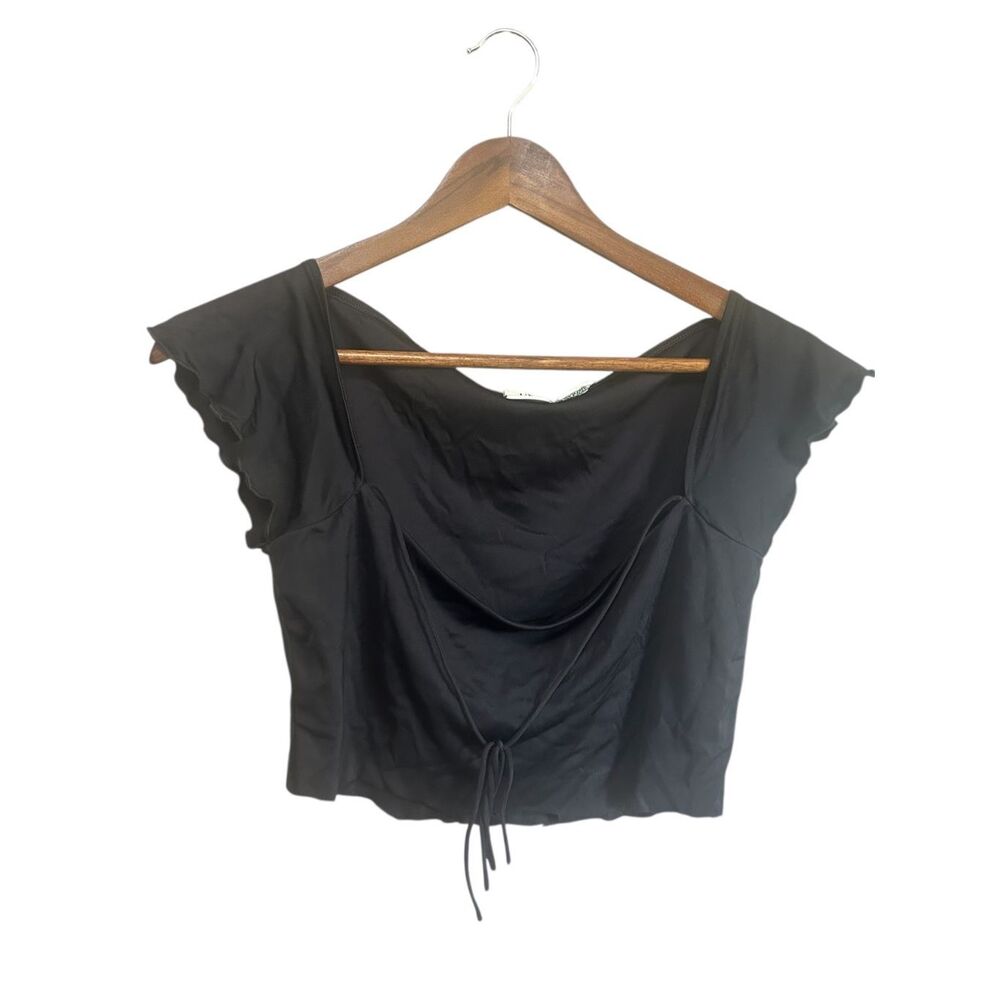 Black Top Square Neck Flutter Sleeve Drawstring Tie Front Blouse Cute